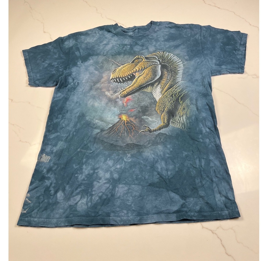 The Mountain T-Shirt Mens Large Blue Tie Dye T-Rex Volcano Graphic Tee